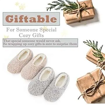 Cozylook 2-pair Women's Soft Sole Slipper Socks with Grippers, Thick Warm Cozy Sherpa Lined Home Socks Set, Cable Knitted Non-slip Fluffy Winter House Bedroom Slippers GRAY+TAUPE M 7-8