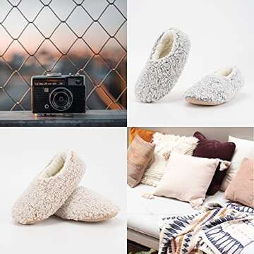 Cozylook 2-pair Women's Soft Sole Slipper Socks with Grippers, Thick Warm Cozy Sherpa Lined Home Socks Set, Cable Knitted Non-slip Fluffy Winter House Bedroom Slippers GRAY+TAUPE M 7-8