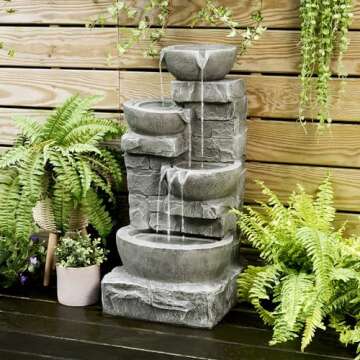 Teamson Home 33.25 in. Cascading Bowls and Stacked Stones LED Outdoor Water Fountain for Gardens, La...