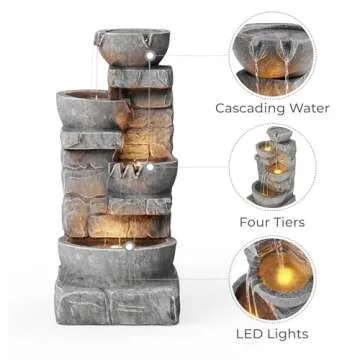 Teamson Home 33.25 in. Cascading Bowls and Stacked Stones LED Outdoor Water Fountain for Gardens, Landscaping, Patios, Balconies, and Lawns for a Calming Oasis in Outdoor Living Spaces, Stone Gray