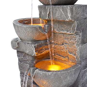 Teamson Home 33.25 in. Cascading Bowls and Stacked Stones LED Outdoor Water Fountain for Gardens, Landscaping, Patios, Balconies, and Lawns for a Calming Oasis in Outdoor Living Spaces, Stone Gray