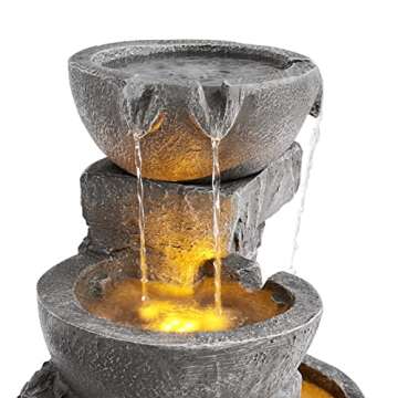 Teamson Home 33.25 in. Cascading Bowls and Stacked Stones LED Outdoor Water Fountain for Gardens, Landscaping, Patios, Balconies, and Lawns for a Calming Oasis in Outdoor Living Spaces, Stone Gray