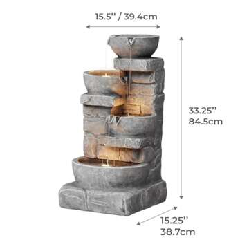 Teamson Home 33.25 in. Cascading Bowls and Stacked Stones LED Outdoor Water Fountain for Gardens, Landscaping, Patios, Balconies, and Lawns for a Calming Oasis in Outdoor Living Spaces, Stone Gray