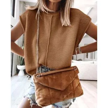 Saodimallsu Womens Summer Cap Sleeve Tops Casual Crew Neck Loose Fit Knit Lightweight Sweater Pullover Top Coffee