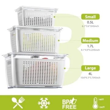 LUXEAR Fresh Container, 3PACK Produce Saver Container BPA Free Fridge Organizer for Vegetable Fruit and Salad Partitioned Food Storage Container with Vents Stay Fresh Containers Not Dishwashers Safe