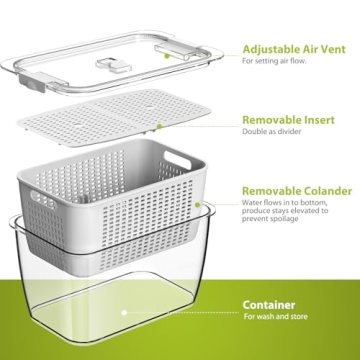 LUXEAR Fresh Container, 3PACK Produce Saver Container BPA Free Fridge Organizer for Vegetable Fruit and Salad Partitioned Food Storage Container with Vents Stay Fresh Containers Not Dishwashers Safe
