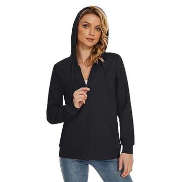 TACVASEN Women's Plain Hoodie Winter Warm Fleece Full Zip Track Drawstring Hooded Sweatshirt Black, XL