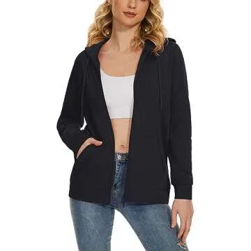 TACVASEN Women's Plain Hoodie Winter Warm Fleece Full Zip Track Drawstring Hooded Sweatshirt Black, XL