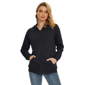 TACVASEN Women's Plain Hoodie Winter Warm Fleece Full Zip Track Drawstring Hooded Sweatshirt Black, XL