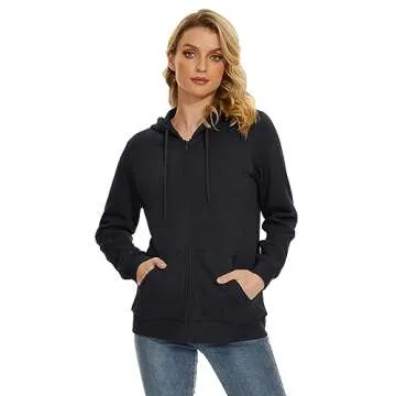 TACVASEN Women's Plain Hoodie Winter Warm Fleece Full Zip Track Drawstring Hooded Sweatshirt Black, XL