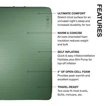Exped MegaMat 10 Duo - Self Inflating Foam Sleeping Pad, 4" Thickness Camping Bed, Compact and Lightweight, Mini Pump Included, Green, Long Wide Plus