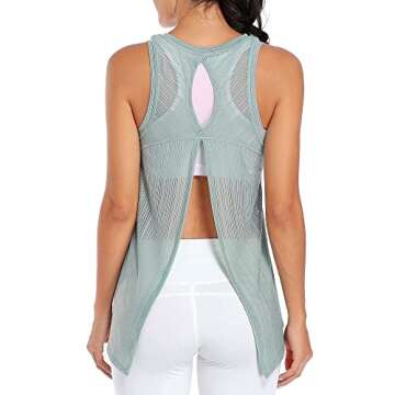 ATTRACO Women Sleeveless Sheer Mesh Camisole Running Muscle Open Back Yoga Tank Tops Green