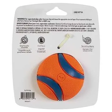 Chuckit! Ultra Tug Dog Toy - Ultra Ball on a Durable Nylon Cord Handle - Fetch and Tug-of-War Toy for Dogs - Size Large - For Breeds 60-100 lbs - 3-inch Diameter - Orange and Blue