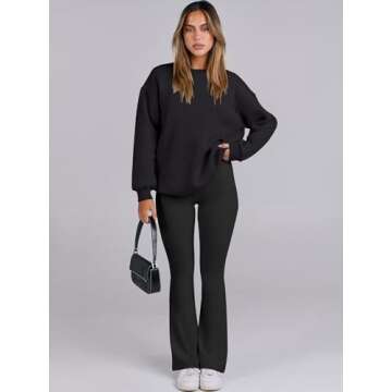ANRABESS Women 2 Piece Sweatsuits Lounge Set Oversized Fleece Crewneck Sweatshirts Flare Pants 2024 Fall Outfits Clothes Black Medium