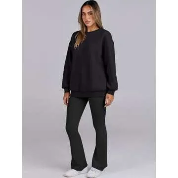 ANRABESS Women 2 Piece Sweatsuits Lounge Set Oversized Fleece Crewneck Sweatshirts Flare Pants 2024 Fall Outfits Clothes Black Medium