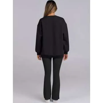 ANRABESS Women 2 Piece Sweatsuits Lounge Set Oversized Fleece Crewneck Sweatshirts Flare Pants 2024 Fall Outfits Clothes Black Medium