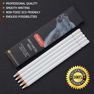 PANDAFLY White Charcoal Pencils Drawing Set, Professional 5 Pieces White Sketch Pencils for Drawing, Sketching, Shading, Blending, White Chalk Pencils for Beginners & Artists
