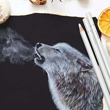 PANDAFLY White Charcoal Pencils Drawing Set, Professional 5 Pieces White Sketch Pencils for Drawing, Sketching, Shading, Blending, White Chalk Pencils for Beginners & Artists