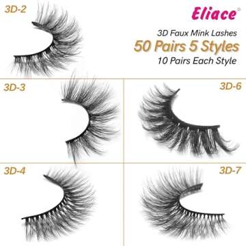 Eliace Eyelashes, (50 Pairs,5 Styles) Faux Mink Lashes Natural Look Wispy Fluffy Handmade Cat Eye False Lash Pack, False Eyelashes Set, Fake Lashes Strips, Makeup Fake Eyelashes Pack