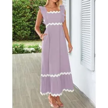 ZESICA Women's Summer Sleeveless Ruffle Dresses Square Neck Backless Boho Flowy Maxi Sundress with Pockets, Purple Taro, Medium
