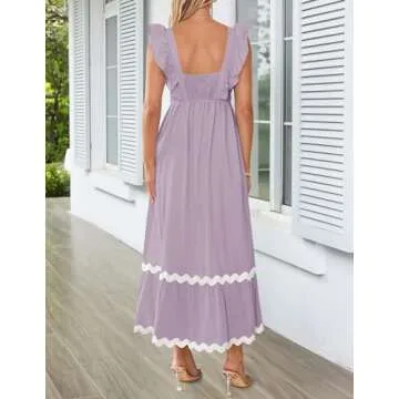 ZESICA Women's Summer Sleeveless Ruffle Dresses Square Neck Backless Boho Flowy Maxi Sundress with Pockets, Purple Taro, Medium