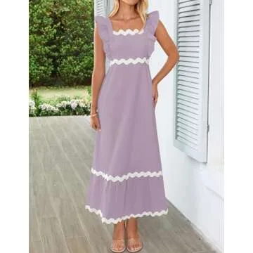 ZESICA Women's Summer Sleeveless Ruffle Dresses Square Neck Backless Boho Flowy Maxi Sundress with Pockets, Purple Taro, Medium