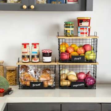 Stackable Wire Baskets with Bamboo Top for Organized Spaces