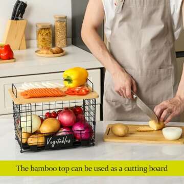 Stackable Wire Baskets with Bamboo Top for Organized Spaces