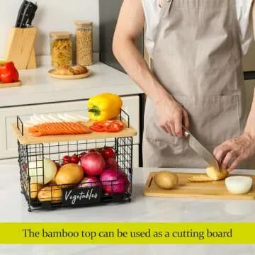 Stackable Wire Baskets with Bamboo Top for Organized Spaces