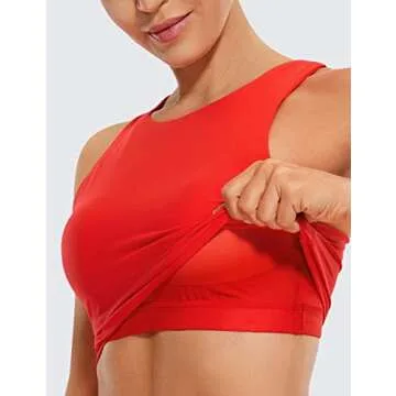 CRZ YOGA Women's High Neck Longline Sports Bra - Padded Racerback Yoga Bra Crop Tank Top with Built in Shelf Bra Dark Red X-Small