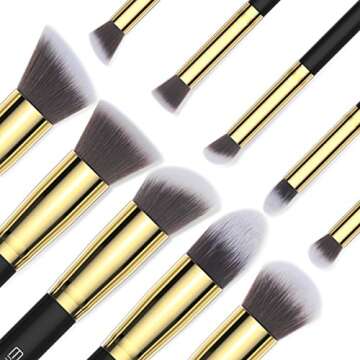 EmaxDesign 10+1 Pieces Makeup Brush Set, 10 Pieces Professional Foundation Blending Blush Eye Face Liquid Powder Cream Cosmetics Brushes & 1 Piece Black Beauty Sponge Blender
