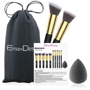 EmaxDesign 10+1 Pieces Makeup Brush Set, 10 Pieces Professional Foundation Blending Blush Eye Face Liquid Powder Cream Cosmetics Brushes & 1 Piece Black Beauty Sponge Blender