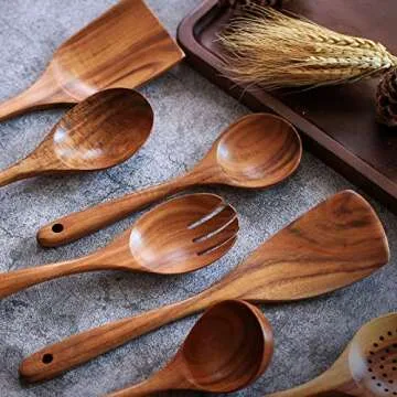 7-Piece Natural Teak Wooden Kitchen Utensil Set for Cooking