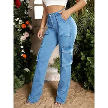 Floerns Women's Light Blue High Waist Cargo Jeans - Stylish & Comfortable