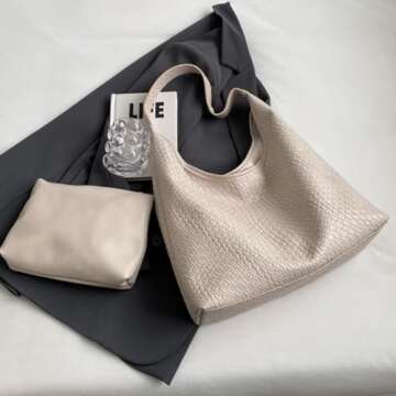 Ann Bully 2025 Woven Leather Shoulder Bag for Women, Woven Soft Vegan Leather Tote Bag for Women, Large Capacity Top-handle Hobo Bag Crossbody Bag with A Pouch-Beige