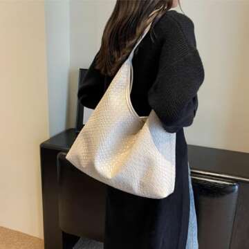 Ann Bully 2025 Woven Leather Shoulder Bag for Women, Woven Soft Vegan Leather Tote Bag for Women, Large Capacity Top-handle Hobo Bag Crossbody Bag with A Pouch-Beige