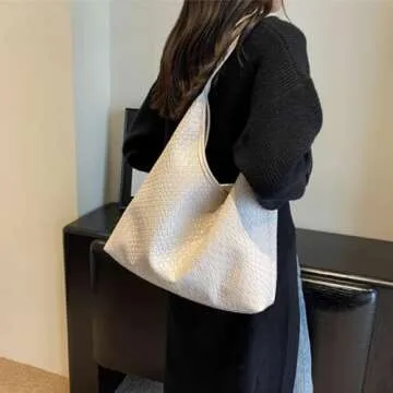 Ann Bully 2025 Woven Leather Shoulder Bag for Women, Woven Soft Vegan Leather Tote Bag for Women, Large Capacity Top-handle Hobo Bag Crossbody Bag with A Pouch-Beige