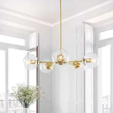 Light Society Grammercy 5-Light Chandelier Pendant, Brushed Brass with Clear Glass Globes, Classic Mid Century Modern Lighting Fixture (LS-C228-BRS-CLR)
