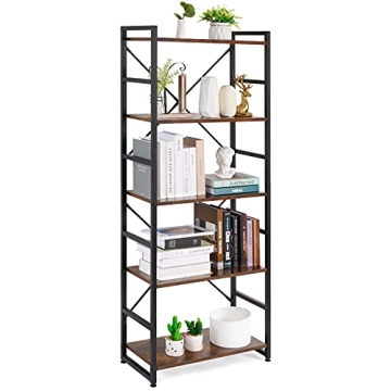 Haton Bookshelf, 5 Tier Industrial Rustic Wood Bookcase, Modern Standing Metal Frame Book Shelf for ...