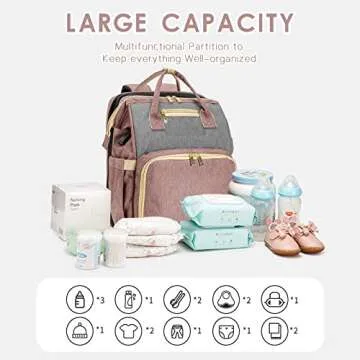 KABAQOO Diaper Bag Backpack, Large Baby Diaper Bags for Boys Girls, Baby Bag with USB Charging Port, Pink Grey