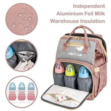 KABAQOO Diaper Bag Backpack, Large Baby Diaper Bags for Boys Girls, Baby Bag with USB Charging Port, Pink Grey