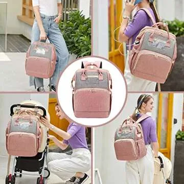KABAQOO Diaper Bag Backpack, Large Baby Diaper Bags for Boys Girls, Baby Bag with USB Charging Port, Pink Grey
