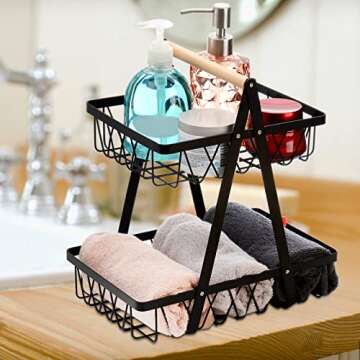 Dicunoy Metal Storage Basket with Handles, 2 Tier Wire Snack Organizer Bin for Office Cournertop, Rustic Black Basket for Home, Kitchen, Pantry, Fruit, Coffee, Pasta, Bathroom, Living Room