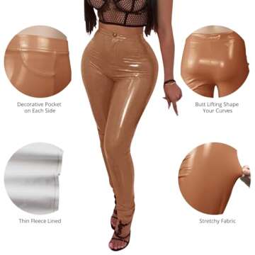 Baonmy Leather Pants for Women Faux Leather Leggings Winter Fleece Lining High Waist Butt Lifting Tights Stretchy Leather Pant Light Tan