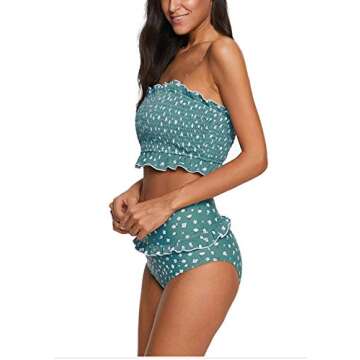 CAIYING Women's Summer Floral Printed High Waist Ruched Smocked Beach Bikini Sets Swimsuit Bathing Suit (Sky Blue, M)