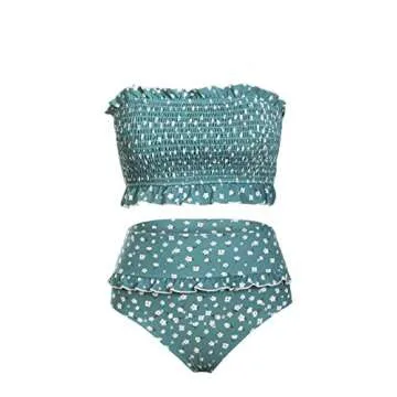 CAIYING Women's Summer Floral Printed High Waist Ruched Smocked Beach Bikini Sets Swimsuit Bathing Suit (Sky Blue, M)
