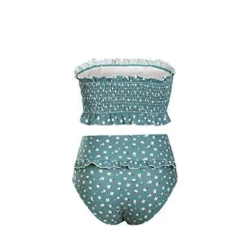 CAIYING Women's Summer Floral Printed High Waist Ruched Smocked Beach Bikini Sets Swimsuit Bathing Suit (Sky Blue, M)