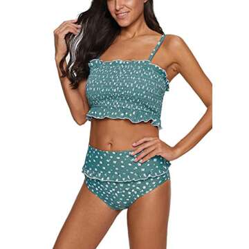 CAIYING Women's Summer Floral Printed High Waist Ruched Smocked Beach Bikini Sets Swimsuit Bathing Suit (Sky Blue, M)
