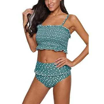 CAIYING Women's Summer Floral Printed High Waist Ruched Smocked Beach Bikini Sets Swimsuit Bathing Suit (Sky Blue, M)