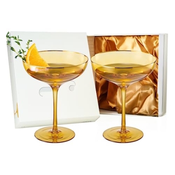 The Wine Savant Colored Sunset Amber & Gilded Rim Coupe Glass, 9oz Cocktail & Champagne Glasses 2-Se...